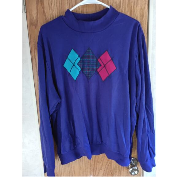 Vntg 90s Alfred Dunner Patchwork Argyle Sweatshirt Purple USA Made Preppy L/XL - Picture 4 of 11